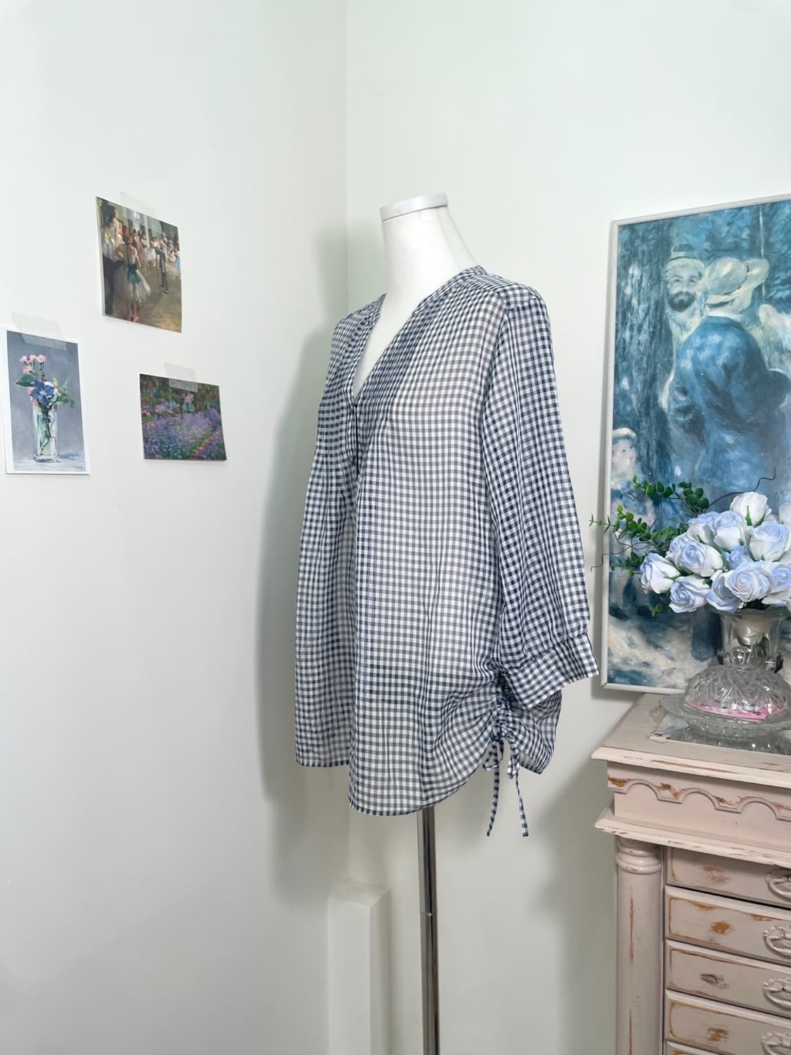 navy check side bow loose chiffon blouse 상품이미지2