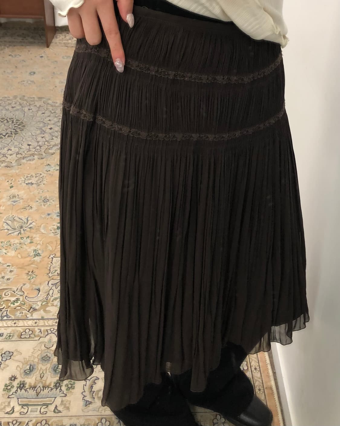 브라운 플리츠 미디 스커트 상품이미지3