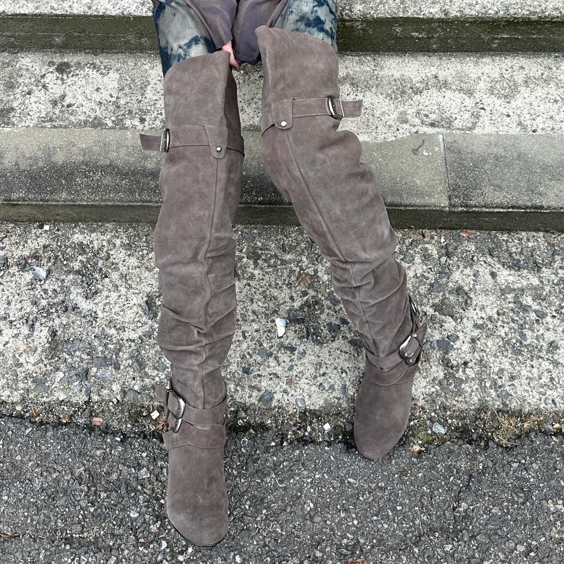 리얼 스웨이드 오버니 롱 버클 웨지 부츠 상품이미지8