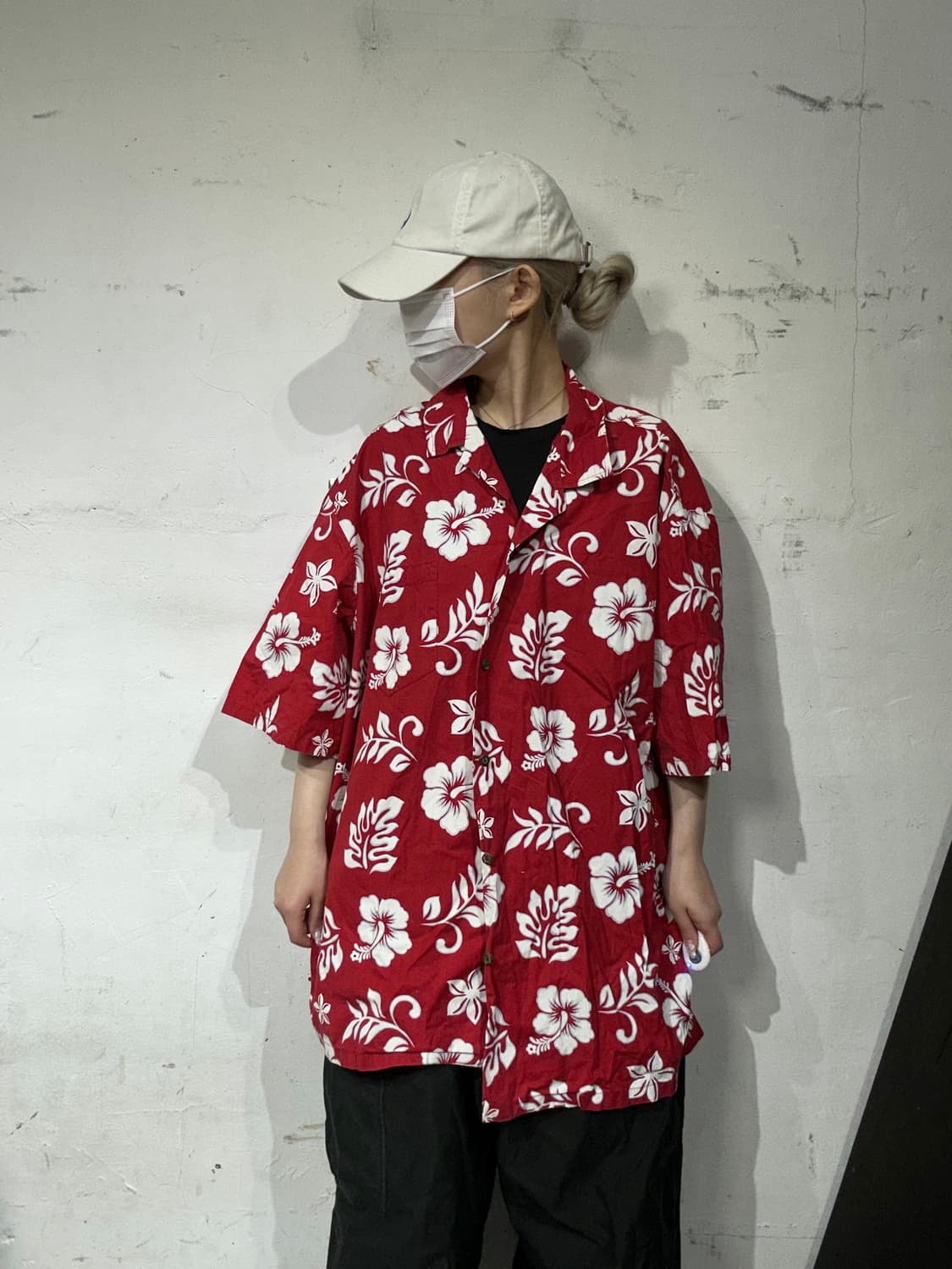 빈티지 레드 하와이안 꽃 패턴 반팔 오버핏 셔츠 상품이미지2
