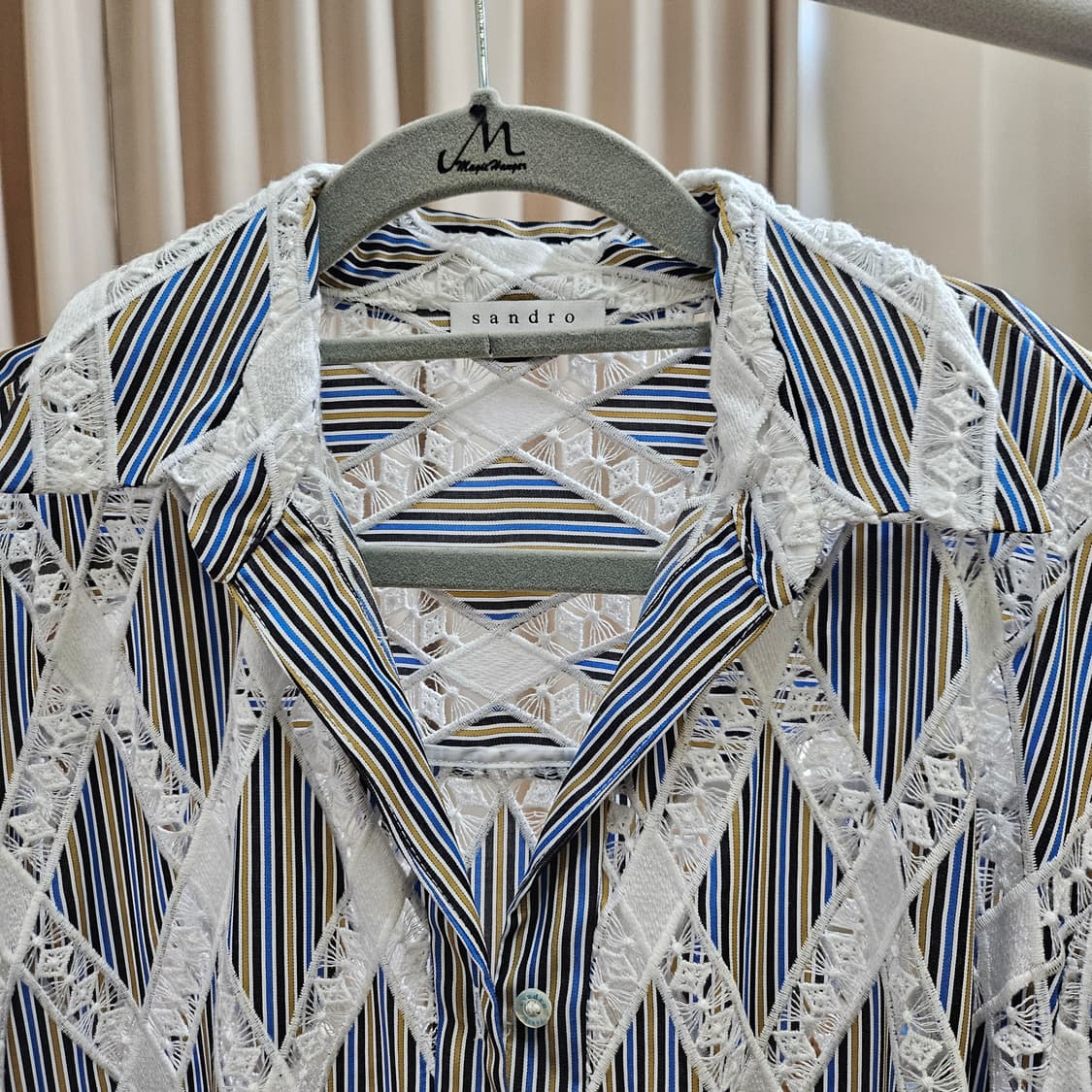 산드로 블루/화이트 스트라이프 코튼/레이스 셔츠 드레스 상품이미지8