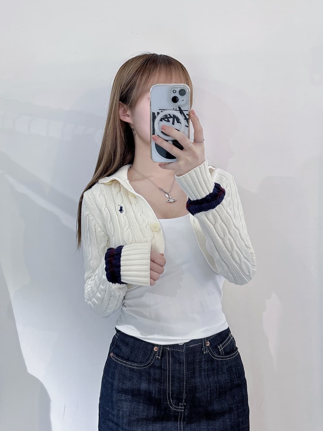 폴로랄프로렌 네이비포니 아이보리 케이블 크롭 가디건 상품이미지2