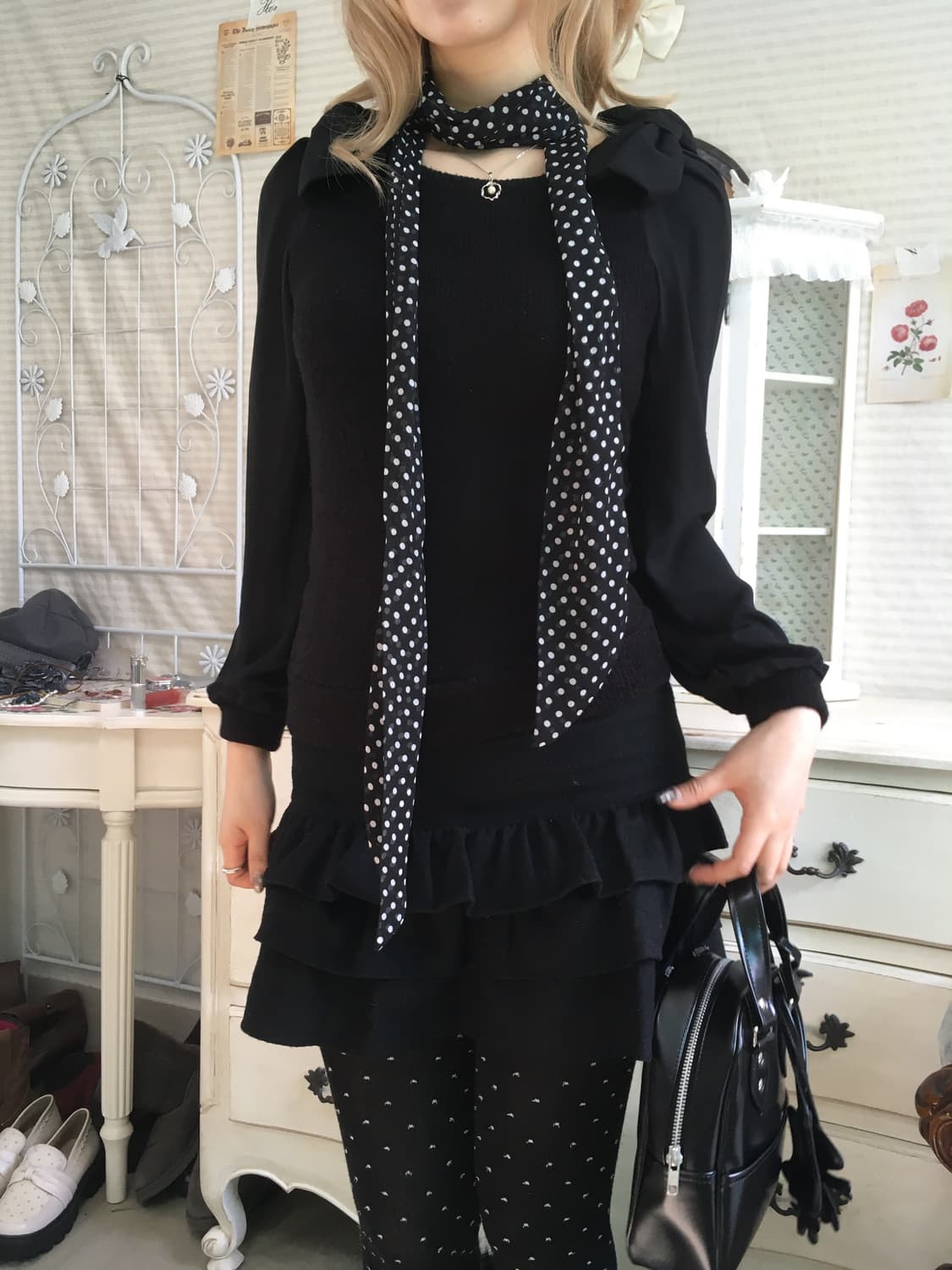 jpn vintage black ribbon knit blouse 상품이미지4
