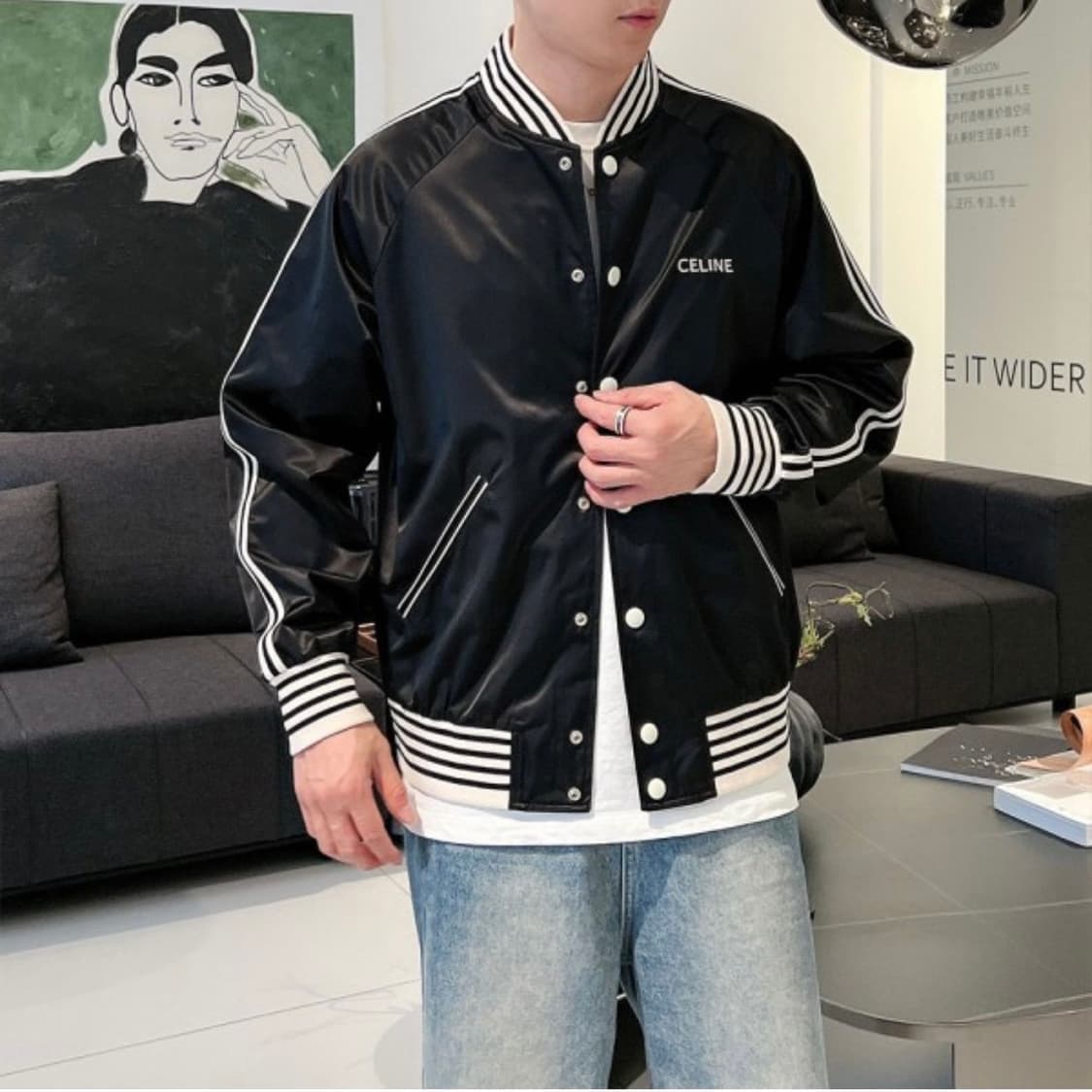 (A/52) / 셀린느 클래식테디 텍스 쳐드 울 블랙 바시티 자켓 상품이미지7