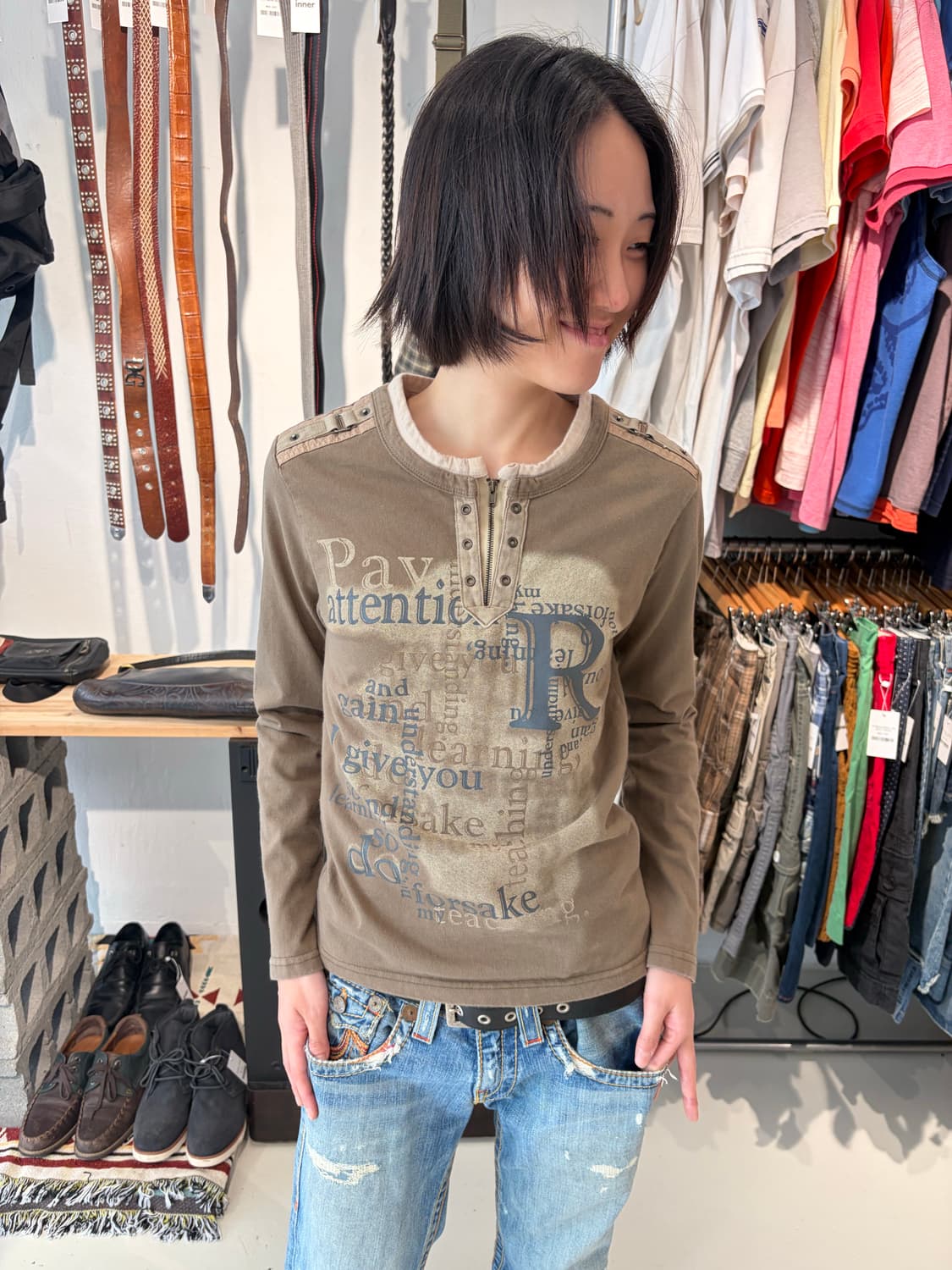 MINIBE JEAN 타이포그래피 헨리넥 롱슬리브 S 상품이미지3