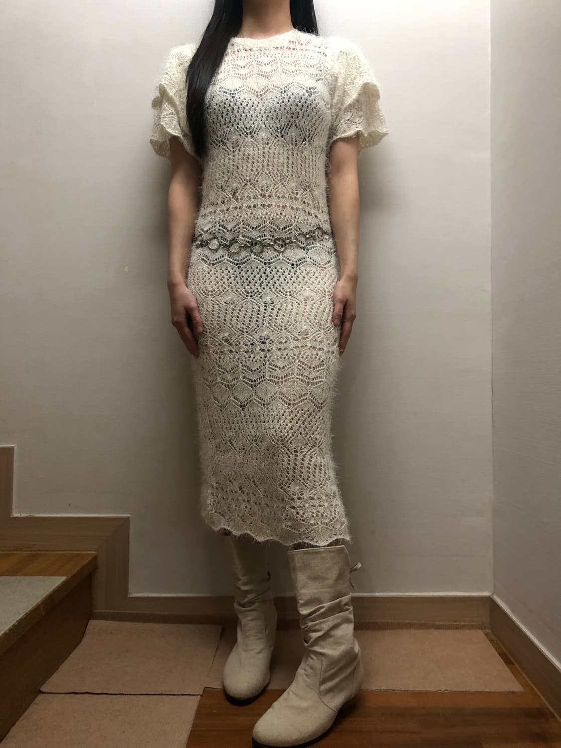 빈티지 화이트 프릴 글리터 니트 원피스 상품이미지7