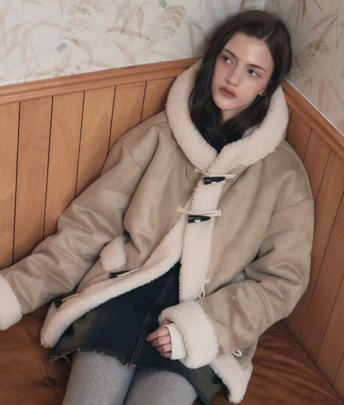 레더리 무스탕 후디 더플 자켓 베이지 판매 상품이미지1