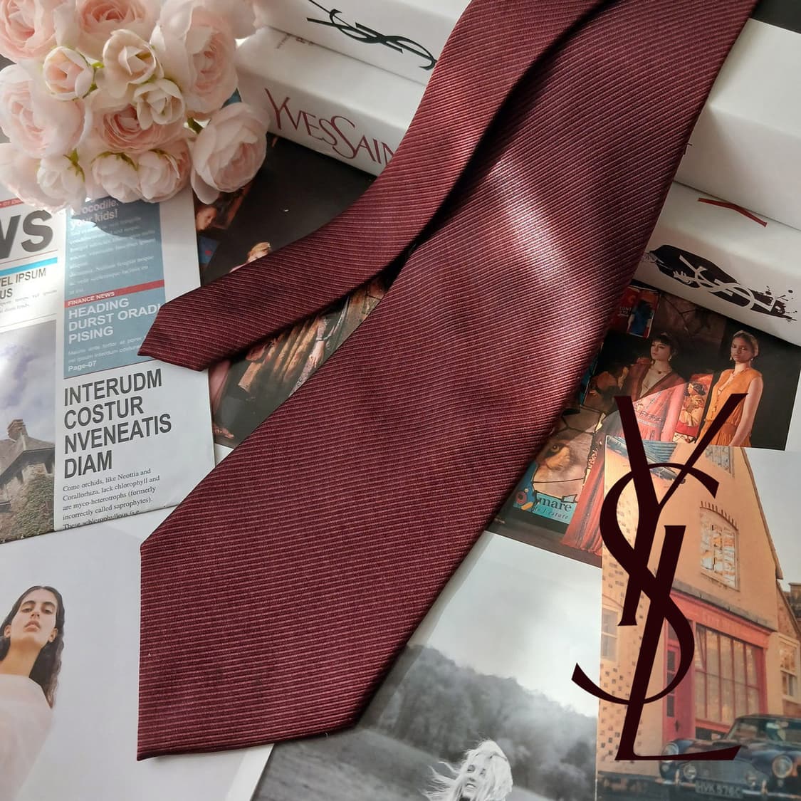 입생로랑 실크 버건디 스트라이프 넥타이 10.1cm A+등급 A18999 상품이미지1