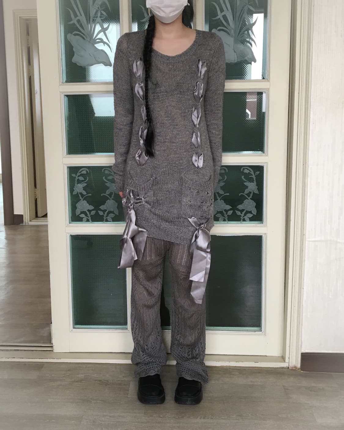 Lace up ribbon point knit onepiece 상품이미지1