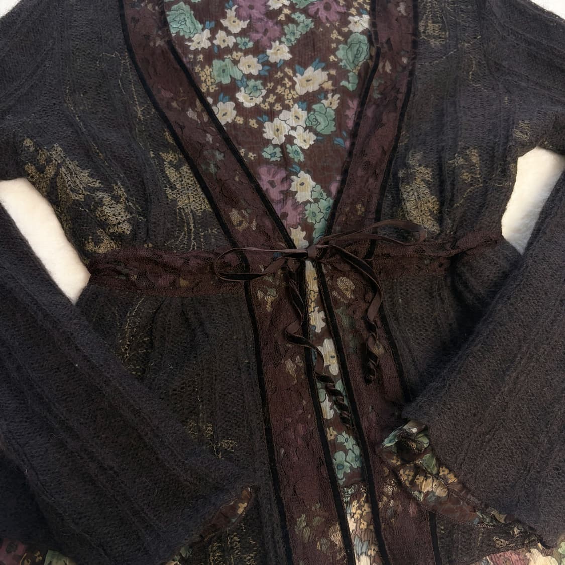 (이체시에눌) 일본 오리엔탈 페어리 브라운 플라워 패턴 프릴 가다건 상품이미지2