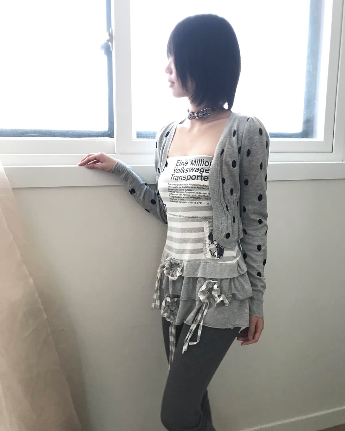 Dot shirring grey short bolero  상품이미지4
