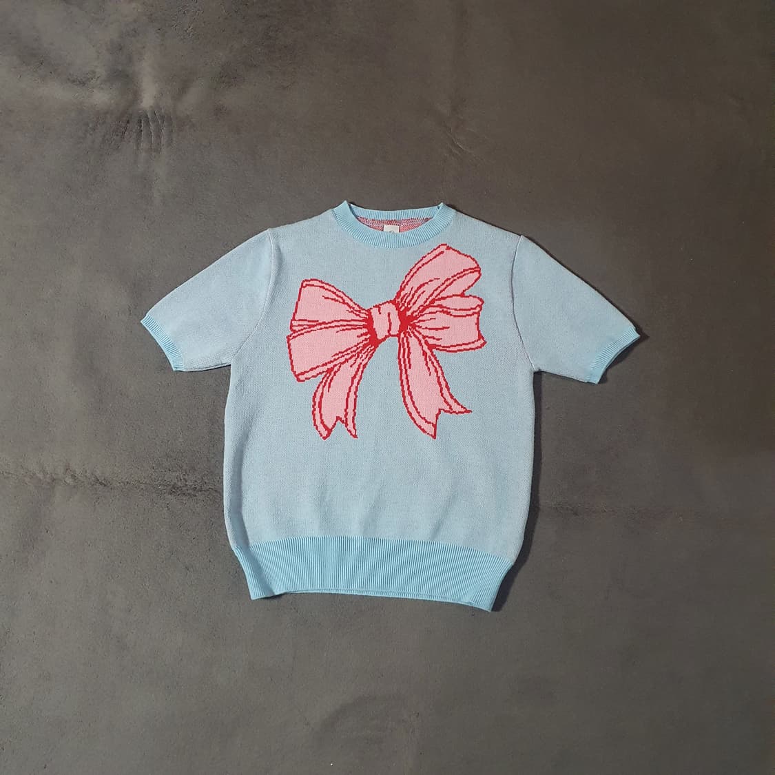 론론 리본 이태리 코튼 반팔 니트 소프트블루 상품이미지1