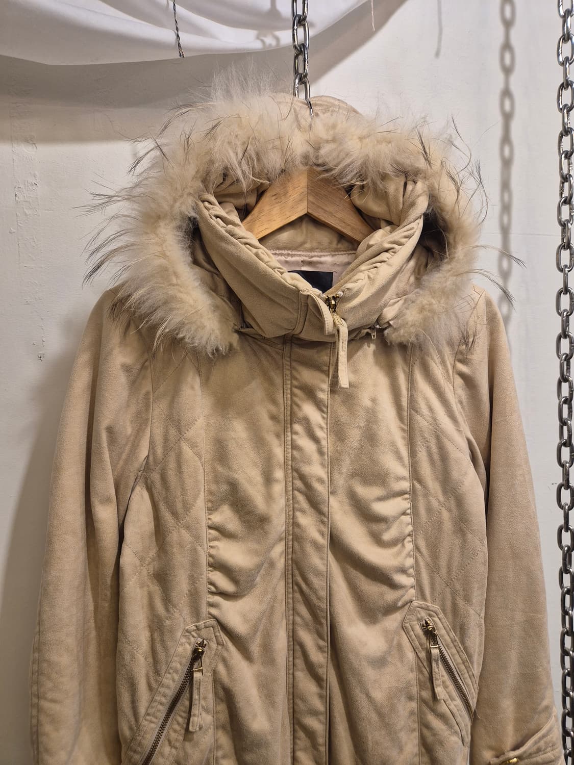 스웨이드 퍼 후드 베이지 투웨이 경량 패딩 자켓 갸루 y2k 상품이미지3