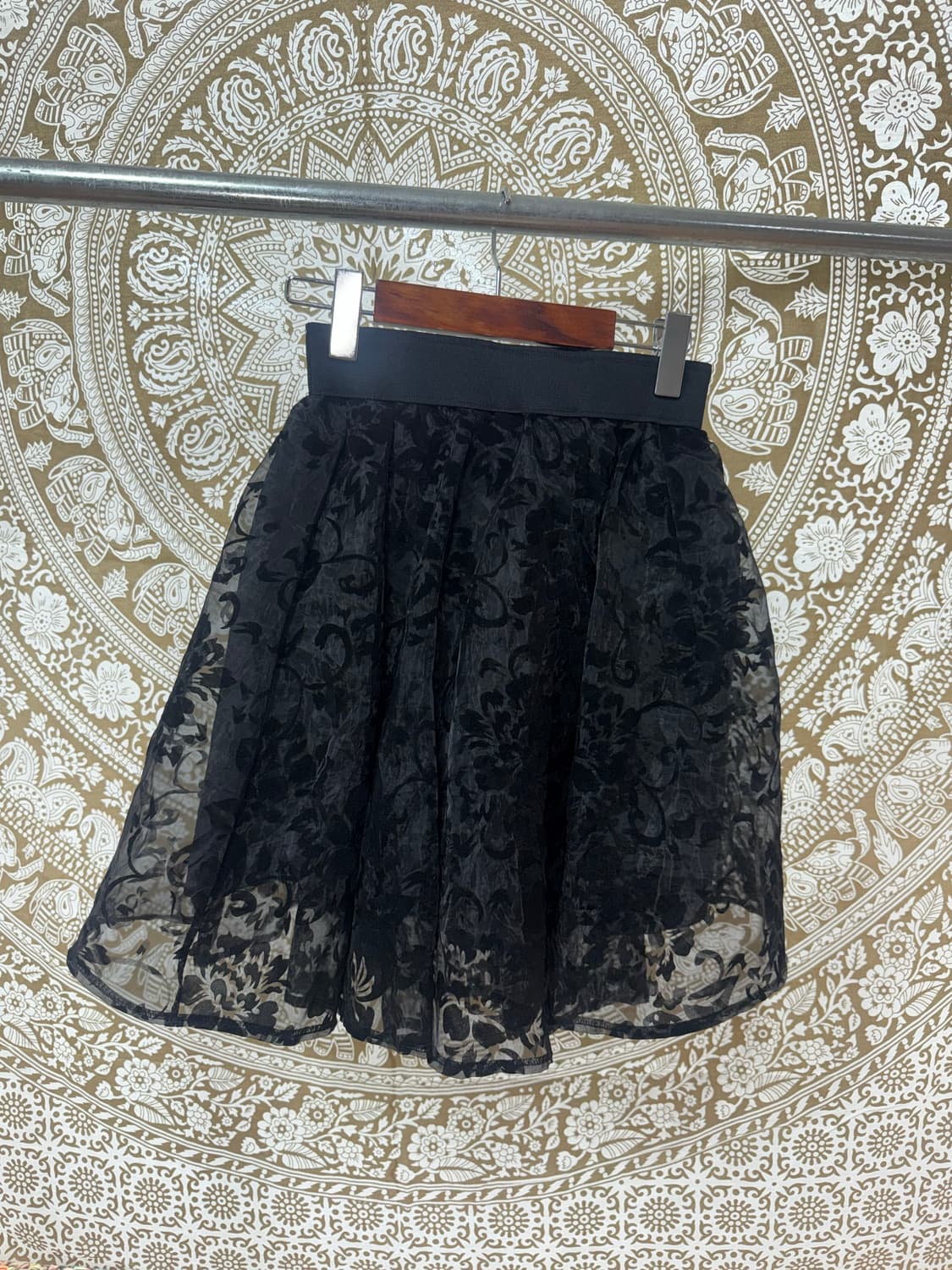 빈티지 여성 벨벳 플라워패턴 시스루 밴딩 미디스커트  상품이미지5