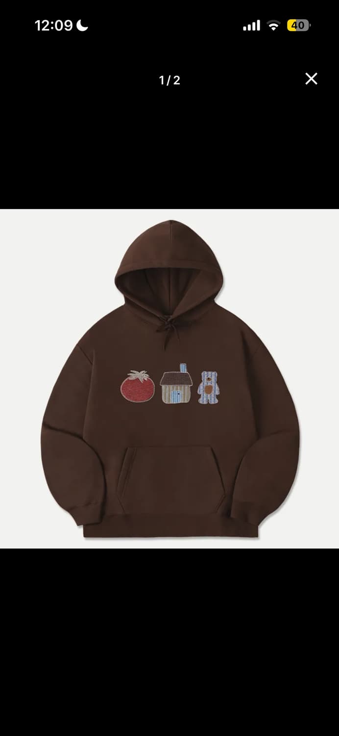 엠블러 토마토 베어 기모 자수 오버핏 후드티 브라운 상품이미지1