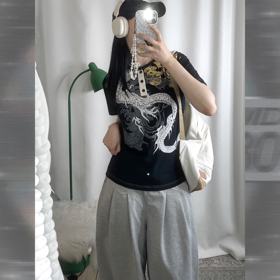 블랙 용 프린팅 헨리넥 반팔 티셔츠 상품이미지1