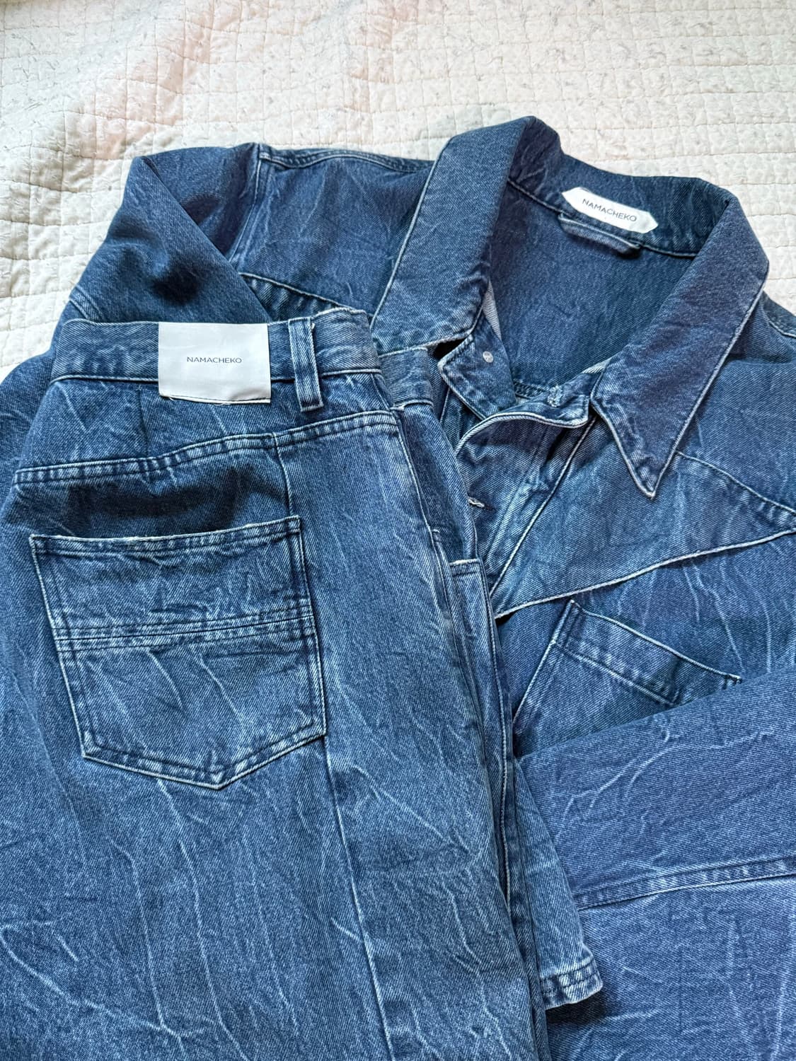 [XL, XL] 나마체코 데님 셋업 일괄 (칼붐 자켓 + 크링클 팬츠) 상품이미지1