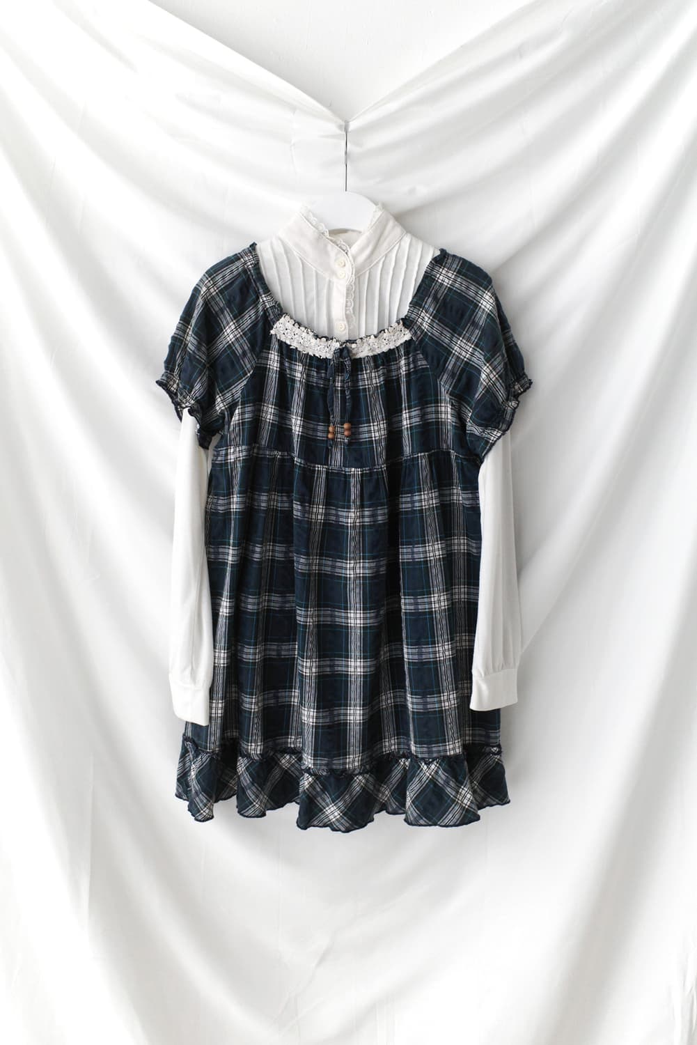 lace shirt + check half blouse (set)  상품이미지1