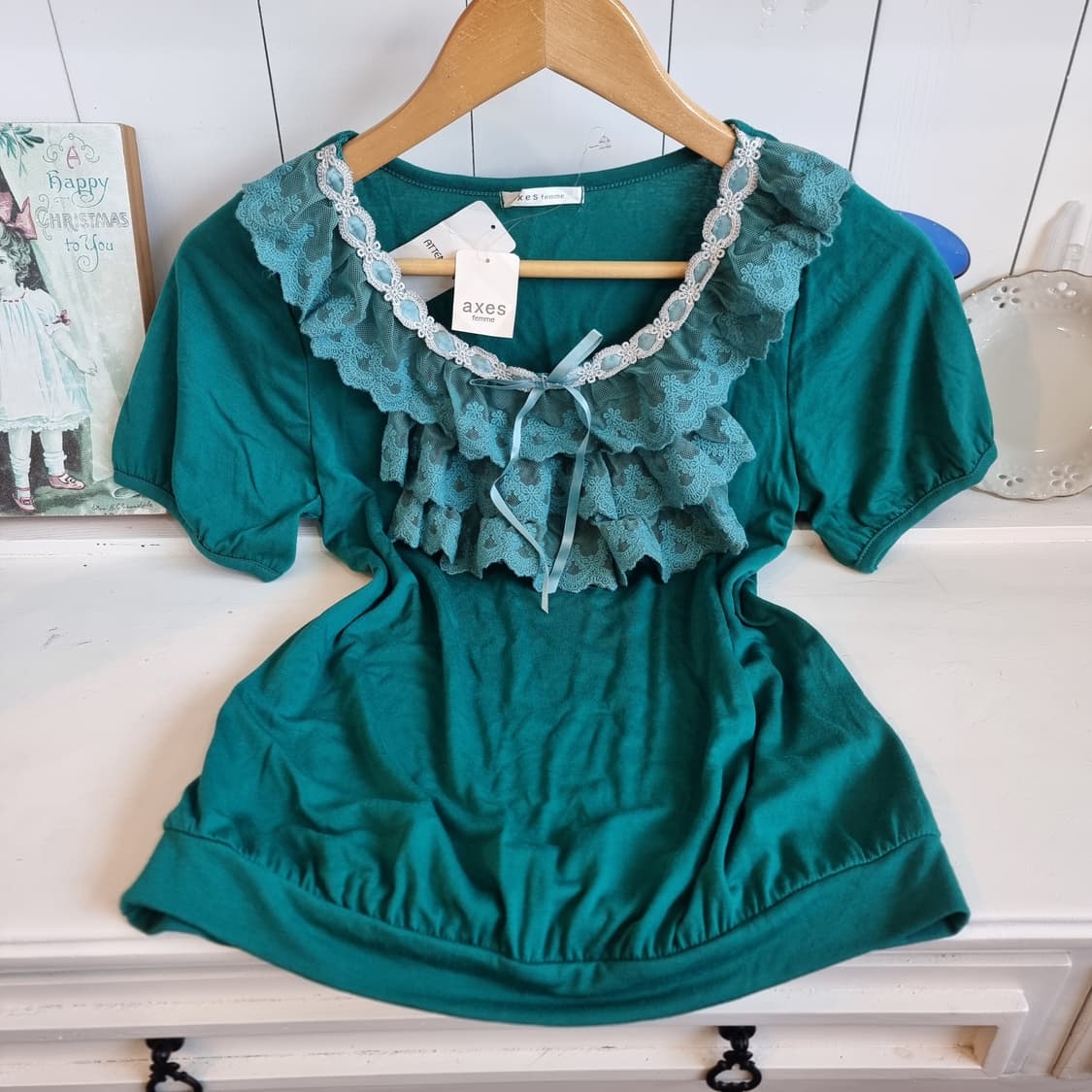 액시스팜므 레이스 프릴 반팔 티셔츠 그린 상품이미지1