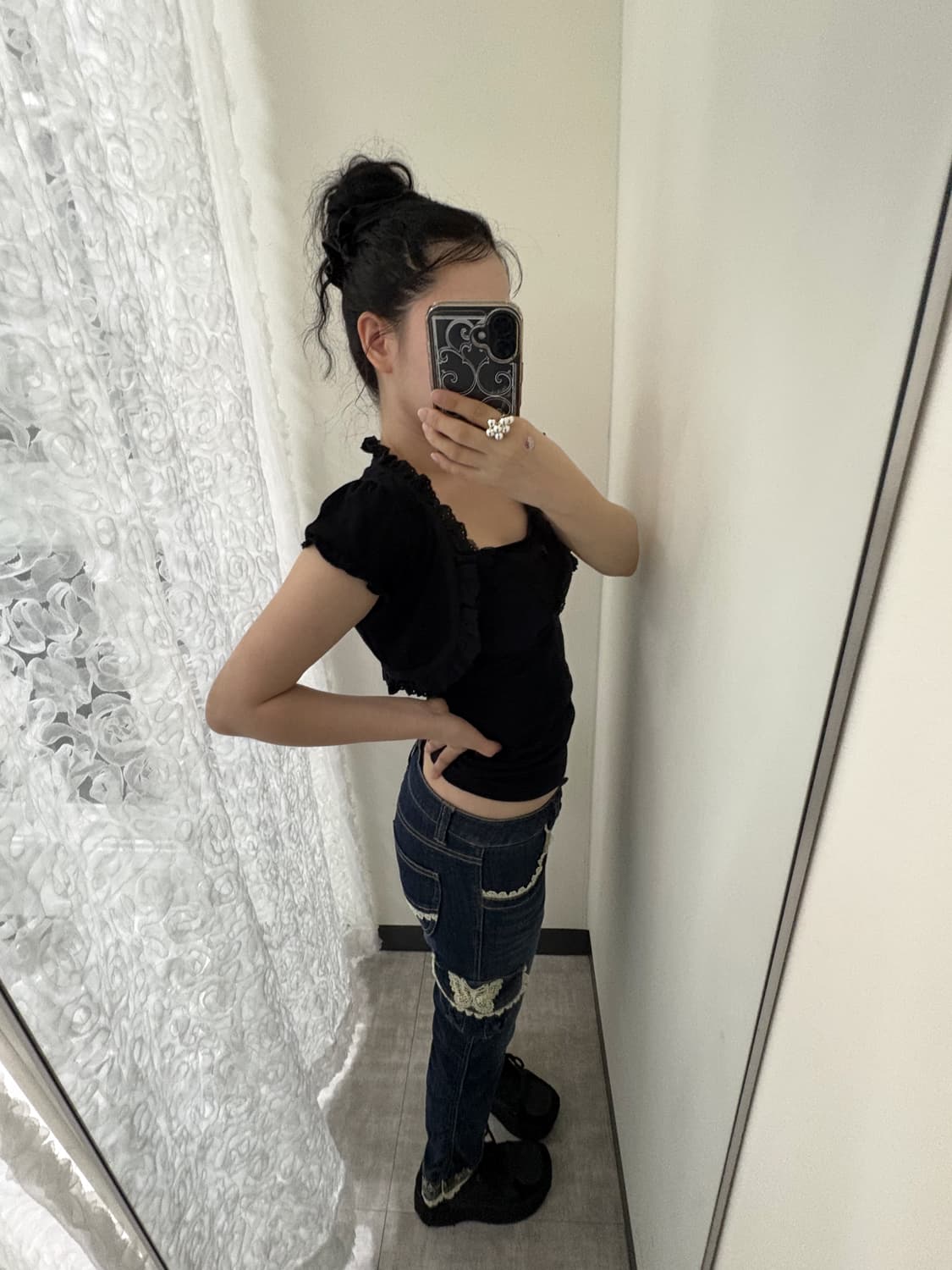 axes femme) lace trim denim cargo pants 상품이미지5