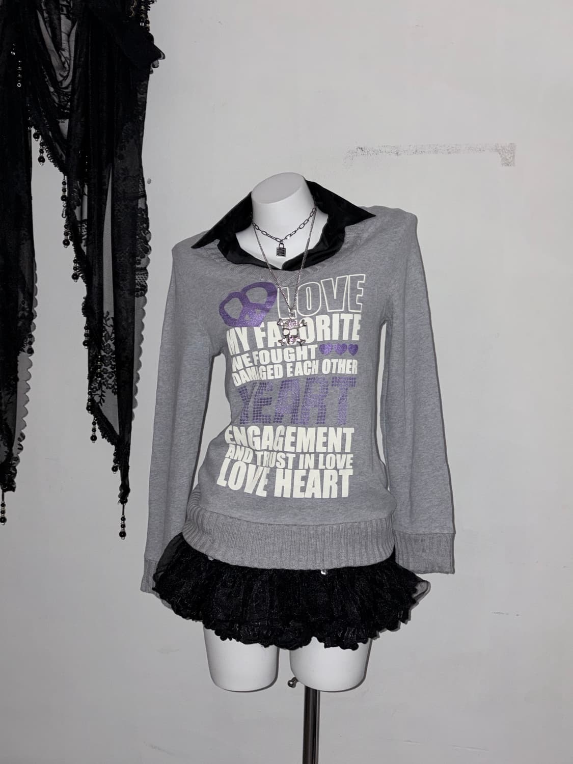 퍼플 글리터 00s 롱슬리브 무채색 갸루 고스 키치 상품이미지3