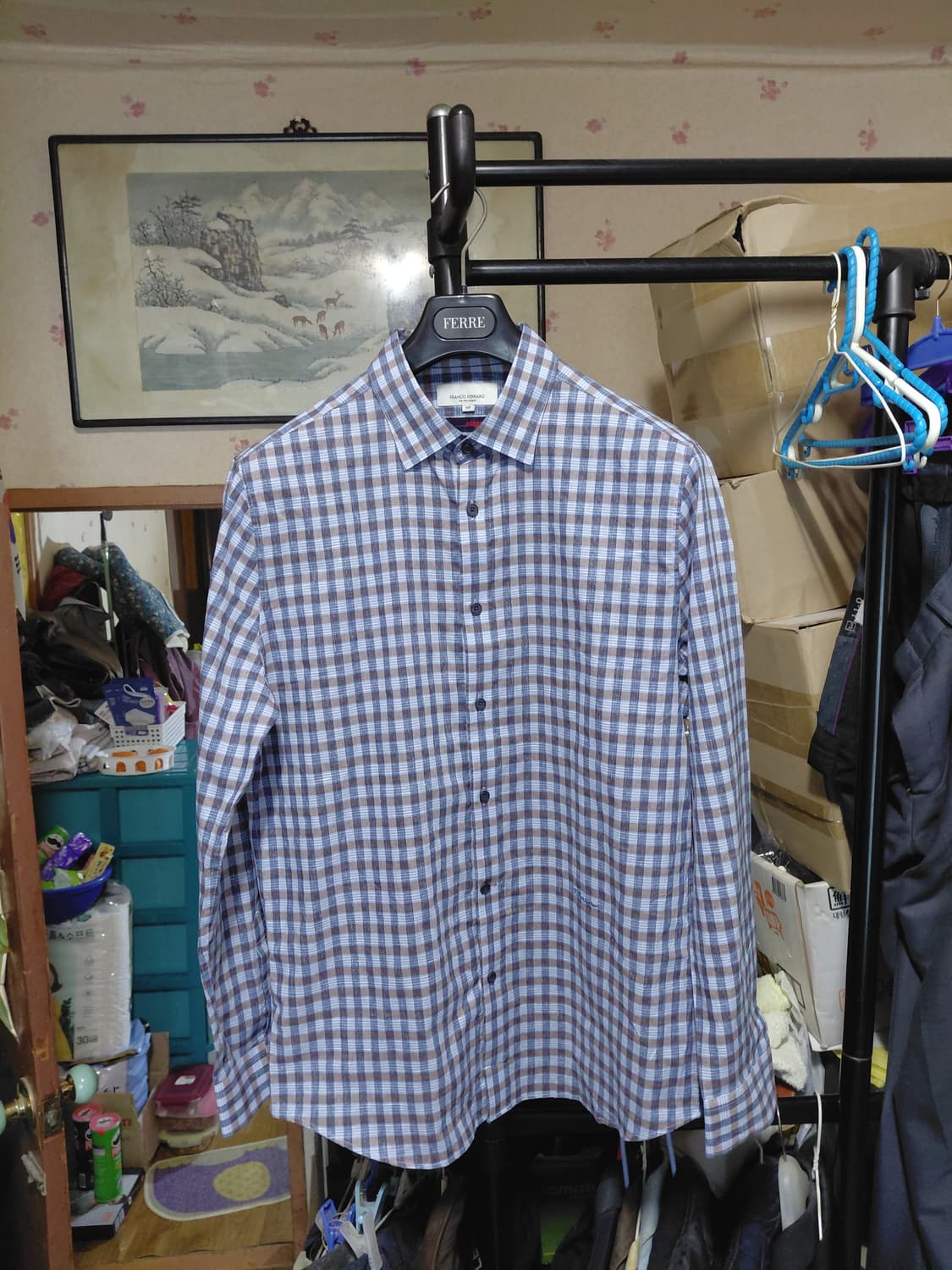 [프랑코페라로]여름용 면,마 혼방 체크셔츠 105사이즈 상품이미지1