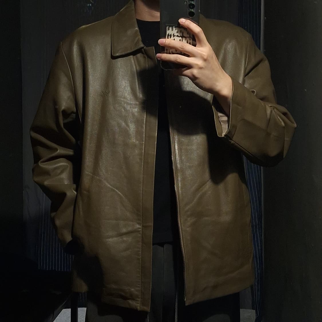 WINDY CLUB 카키 아메카지 심플 카라넥 양가죽 램스킨 가죽자켓 L 상품이미지1