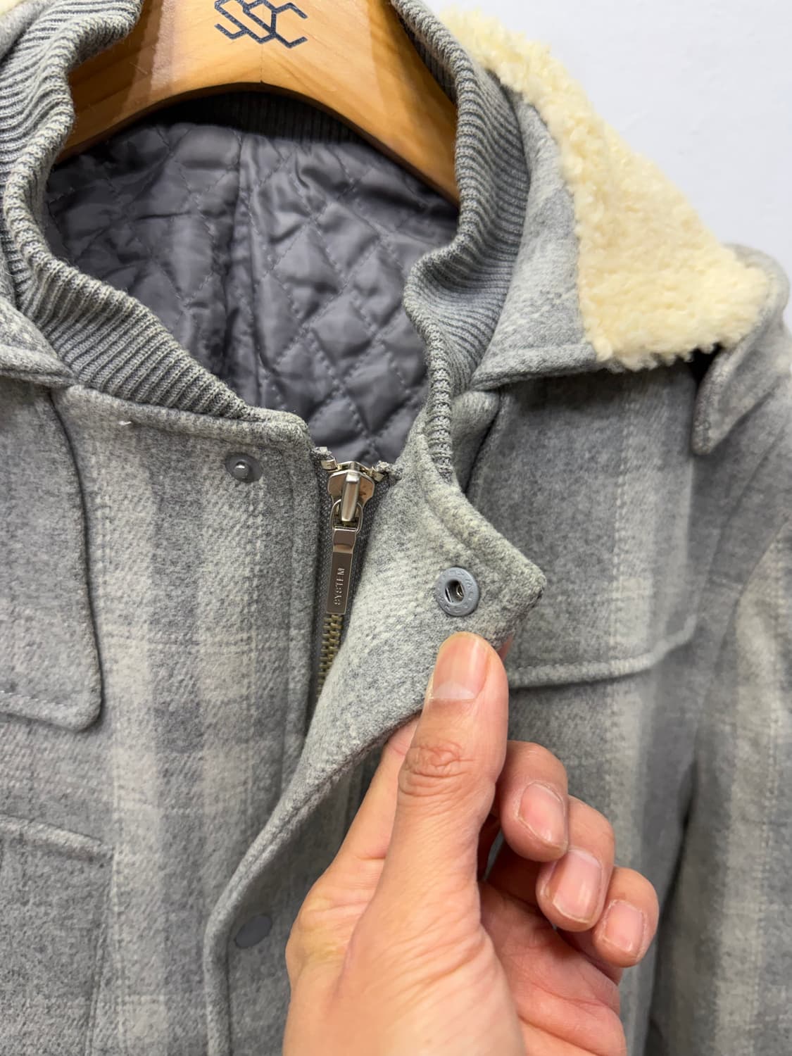 정품) 시스템옴므 체크 양털 카라 자켓 100 상품이미지4