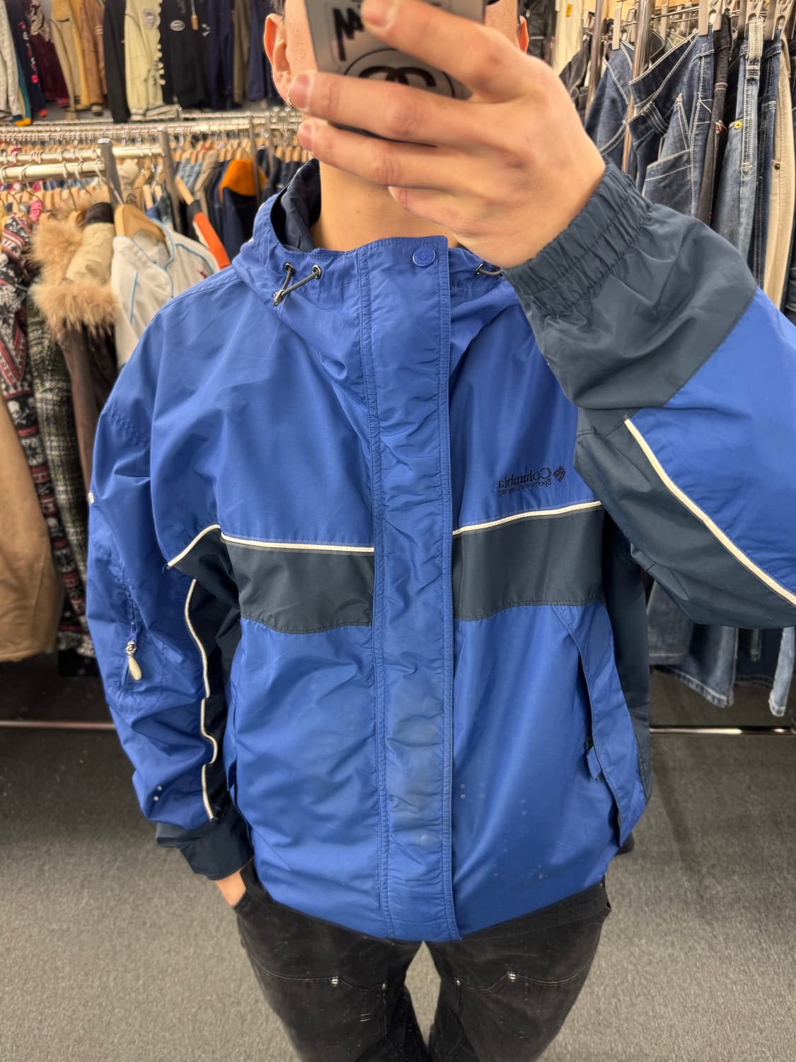 XL)콜럼비아 빈티지 올드스쿨 블루/블랙 배색 바람막이 트랙자켓 상품이미지1