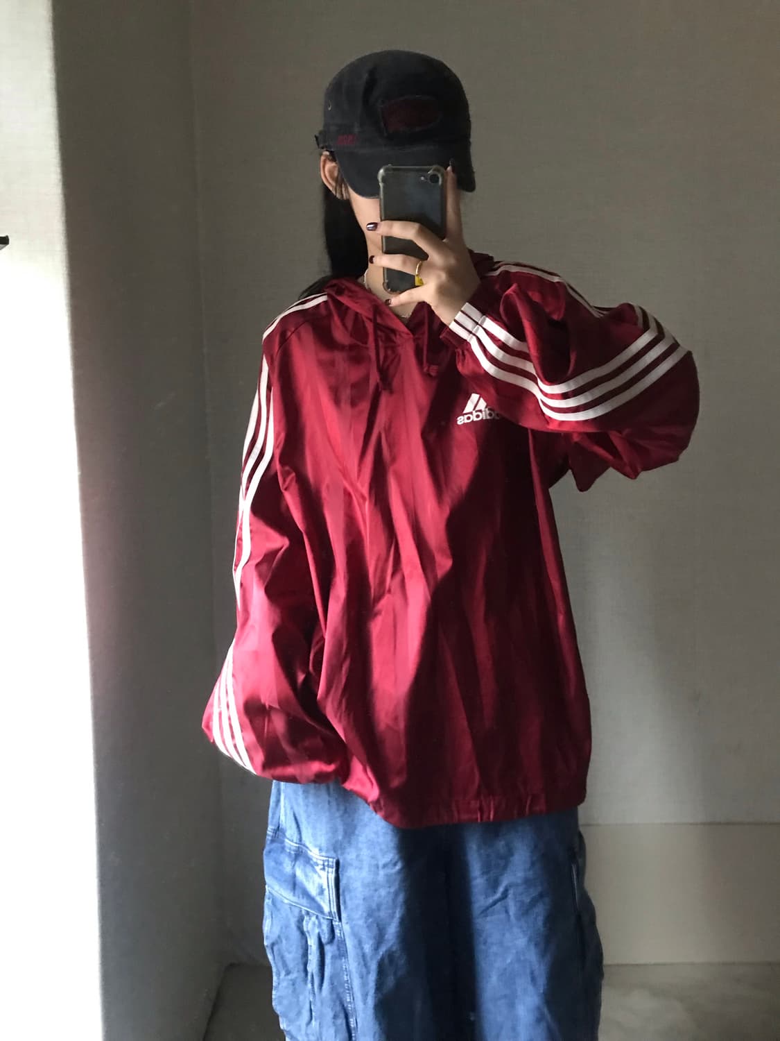 아디다스 00s 버건디 빅로고 나일론 후드티 상품이미지4