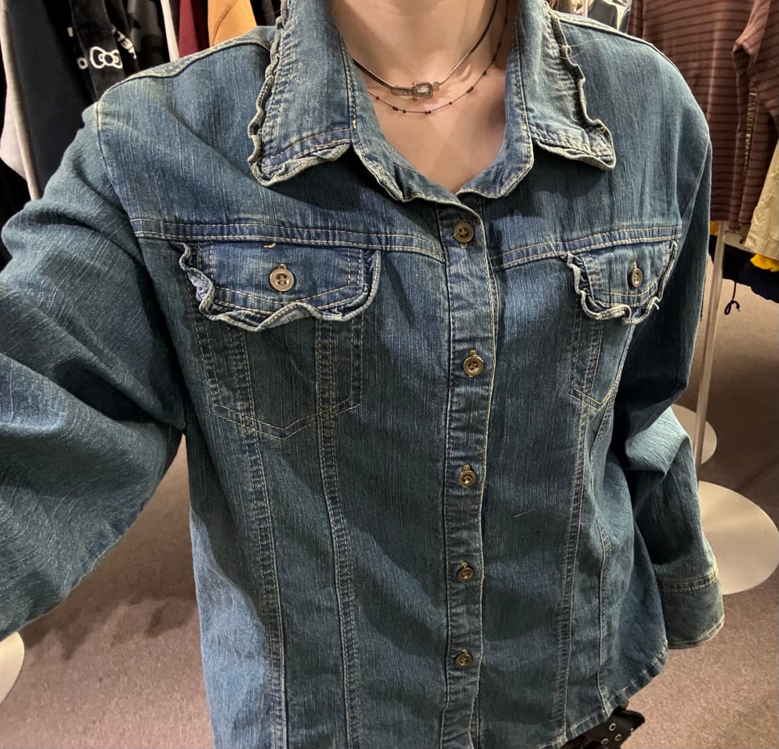 3L)Japanese vintage 여성 프릴 디테일 데님 셔츠 상품이미지1