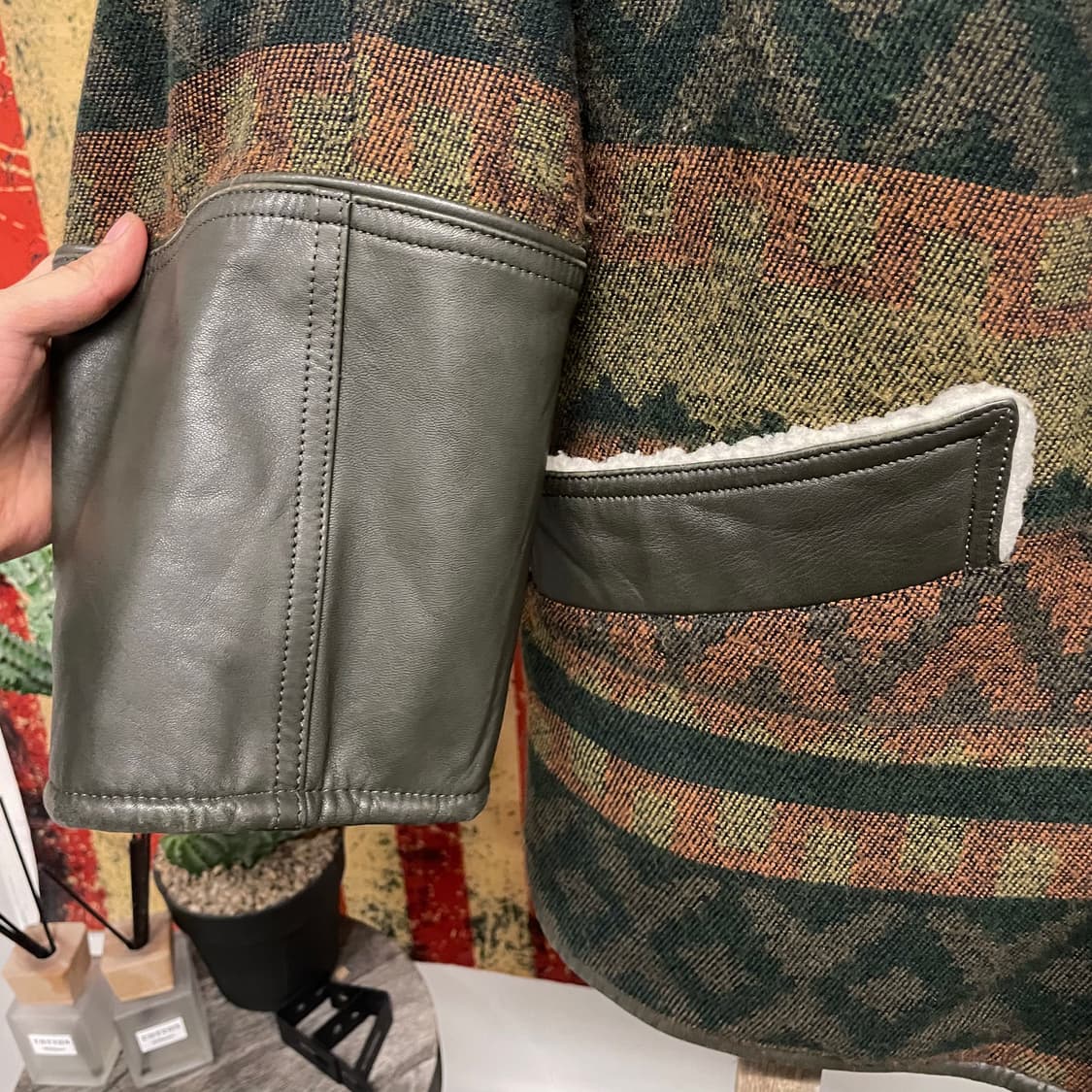 JPN 빈티지 시어링 레더 디테일 에스틱 패턴 자켓 상품이미지5