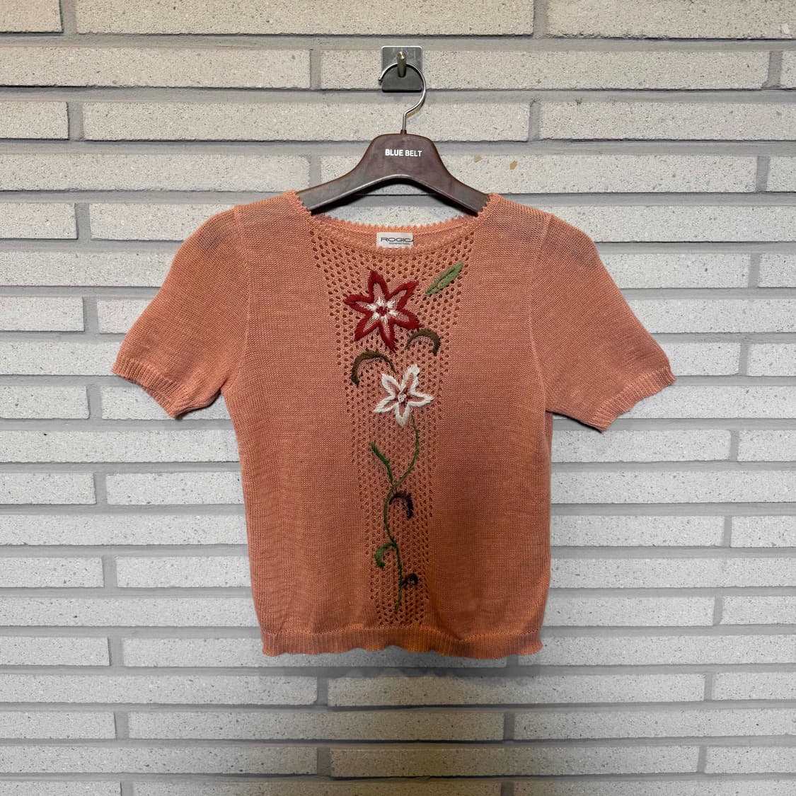 JPN VINTAGE 니트 반팔 플라워 자수 디테일 핑크 상품이미지1