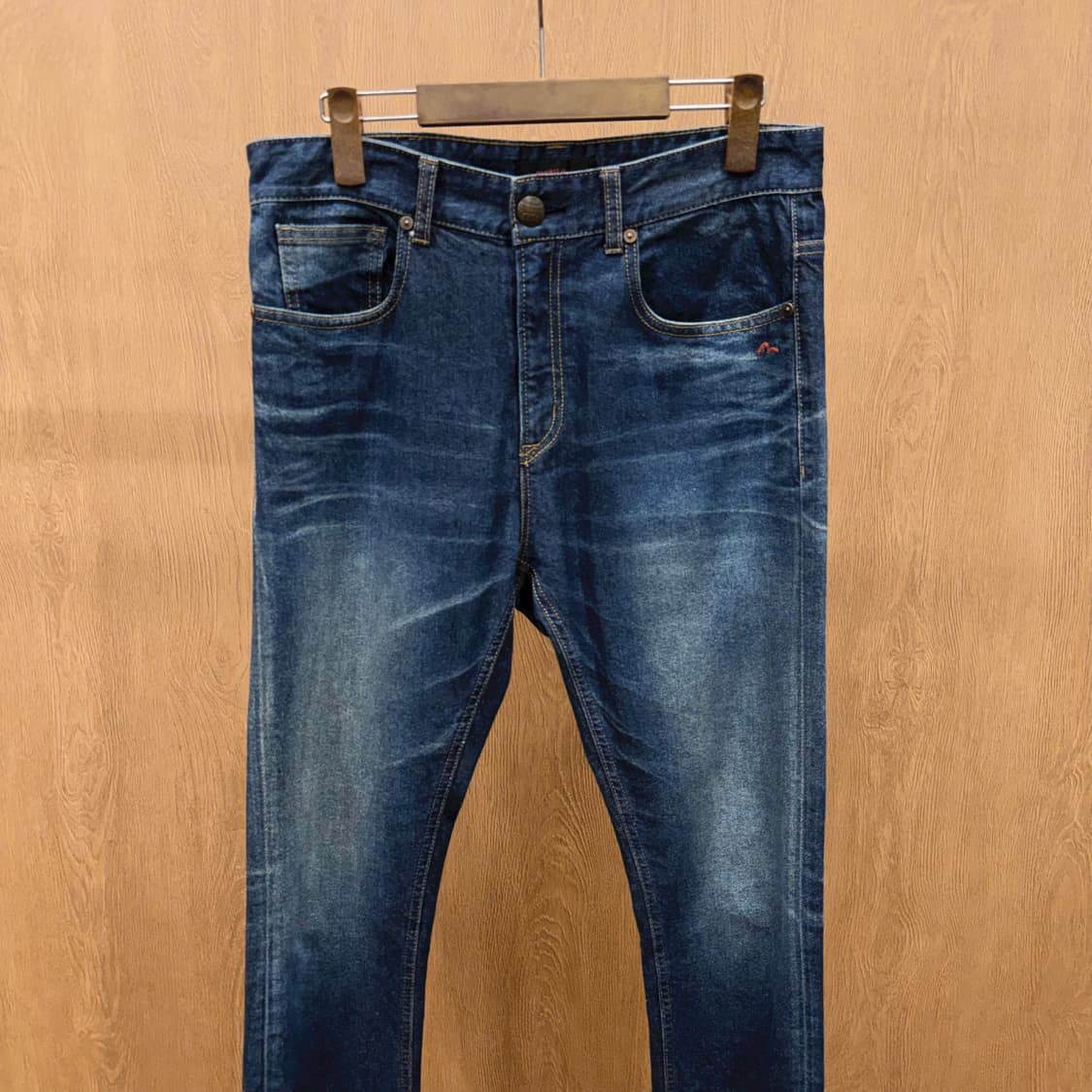 에비수 데님 팬츠 백 포켓 빅 가모메 캐릭터 자수 패치 배기핏 중청 상품이미지3