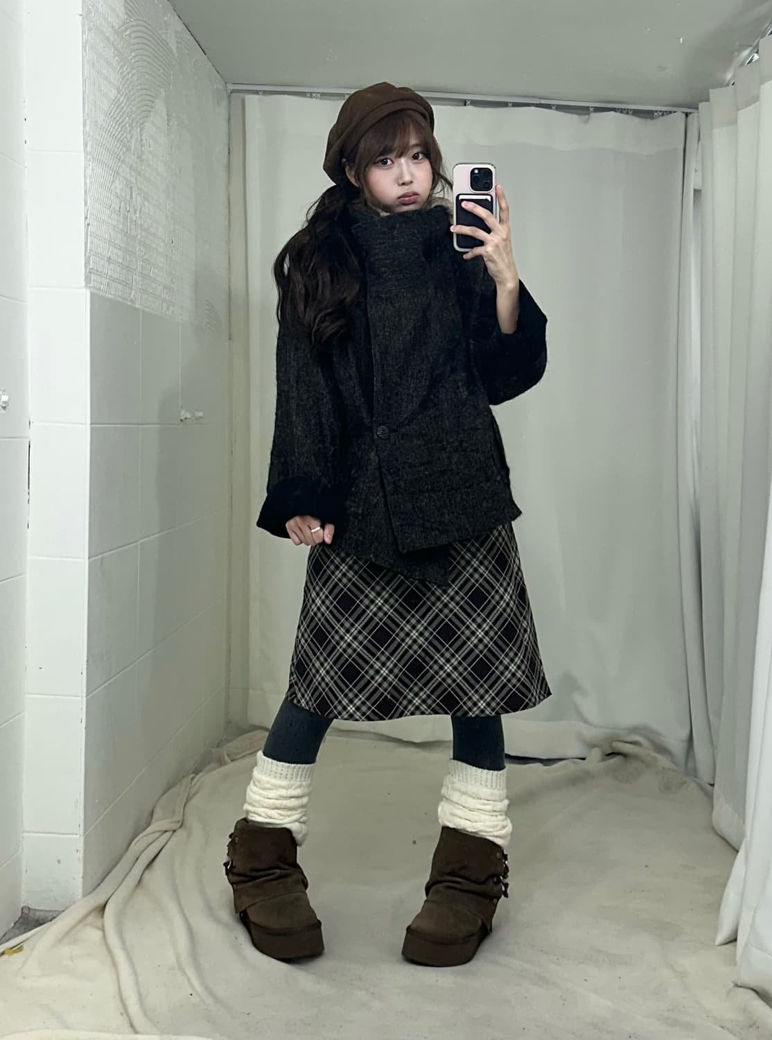 브라운 모카무스 모리걸 하이넥 코트 코디세트 상품이미지2