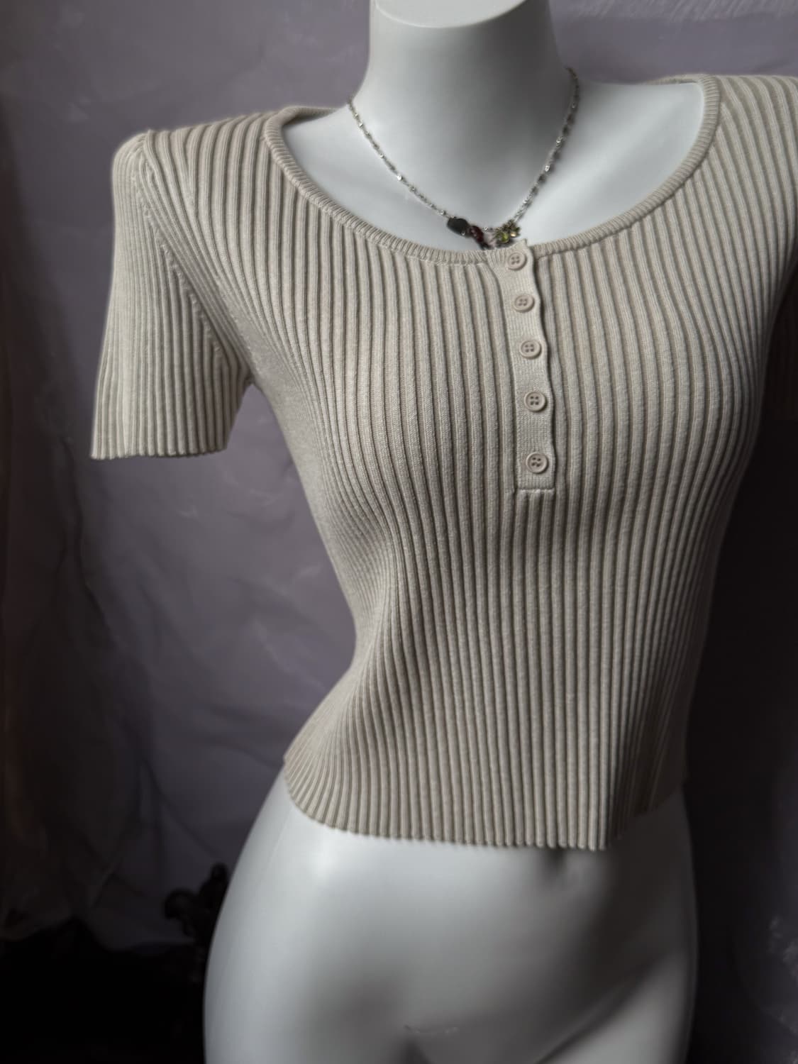 Gray ribbed button top 0114 상품이미지1