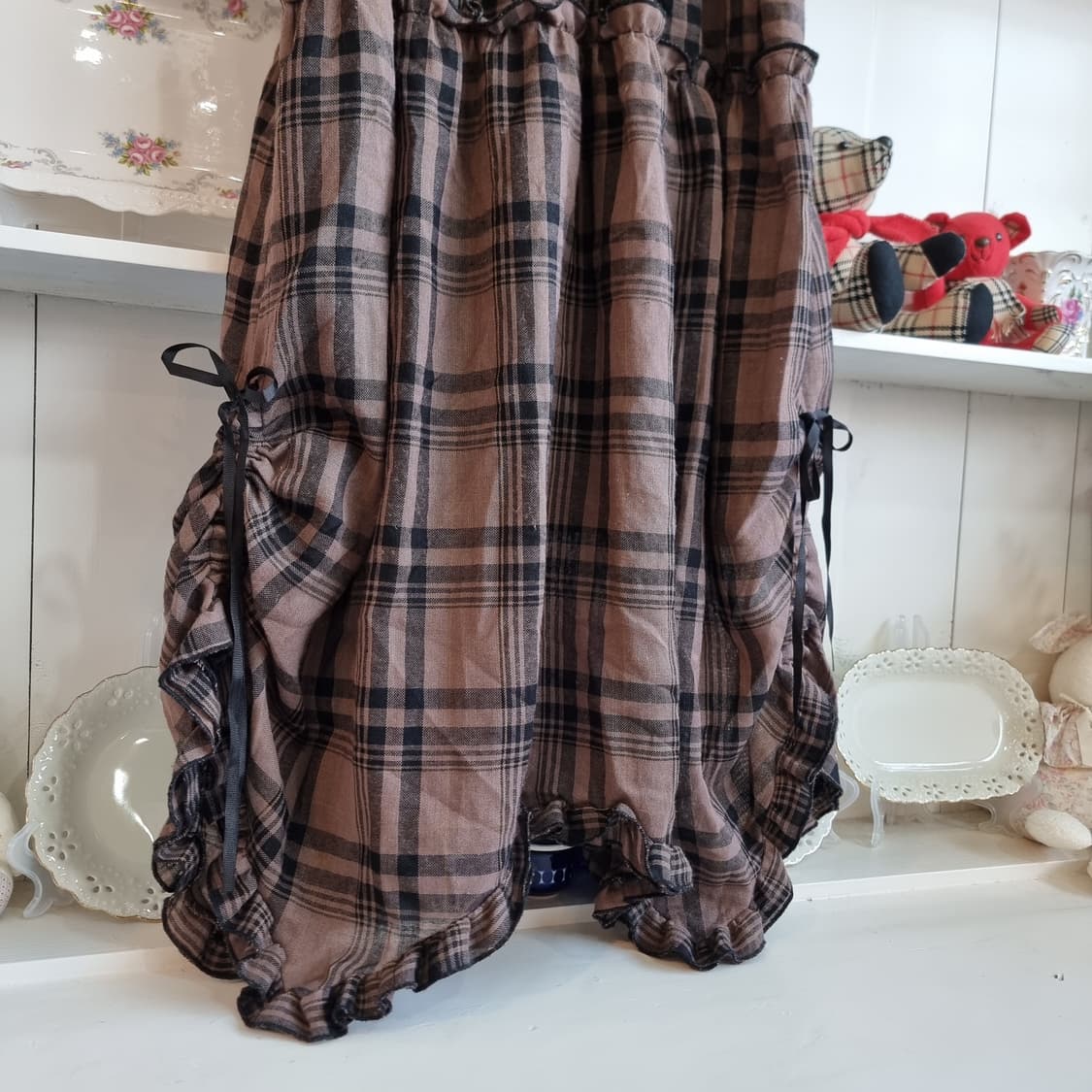 체크 뷔스티에 롱 원피스 브라운 상품이미지3