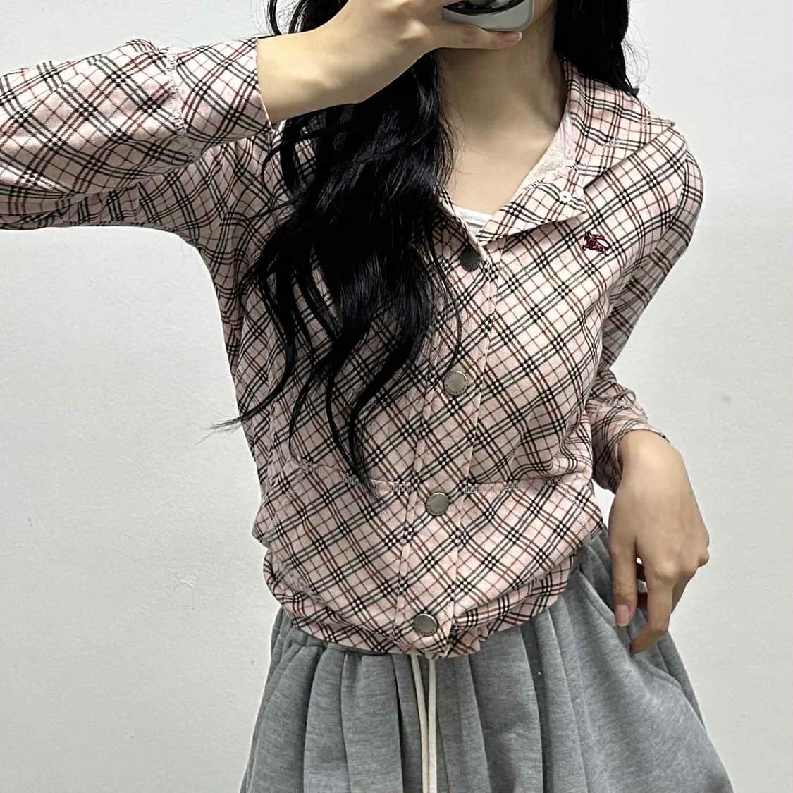 버버리 y2k 블루라벨 딸기 체크 버튼 스냅 후드 져지(38) 상품이미지2