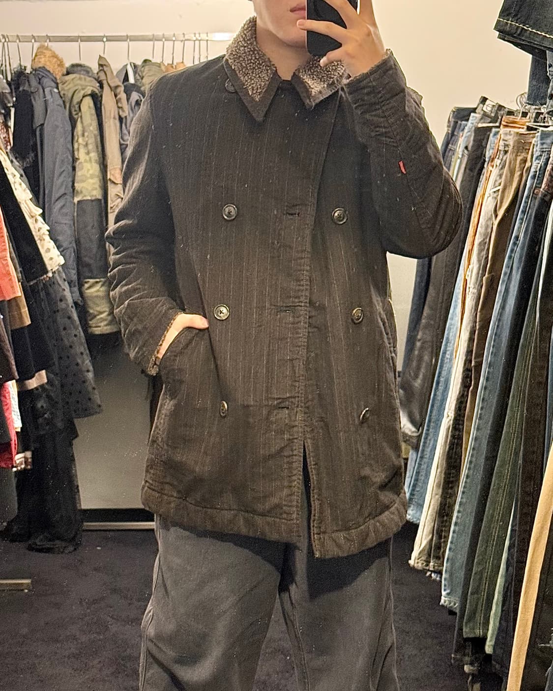 리바이스 헤링본 스트라이프 데님 쉐르파 트러커 더블 피코트 부클 양털 M 상품이미지1