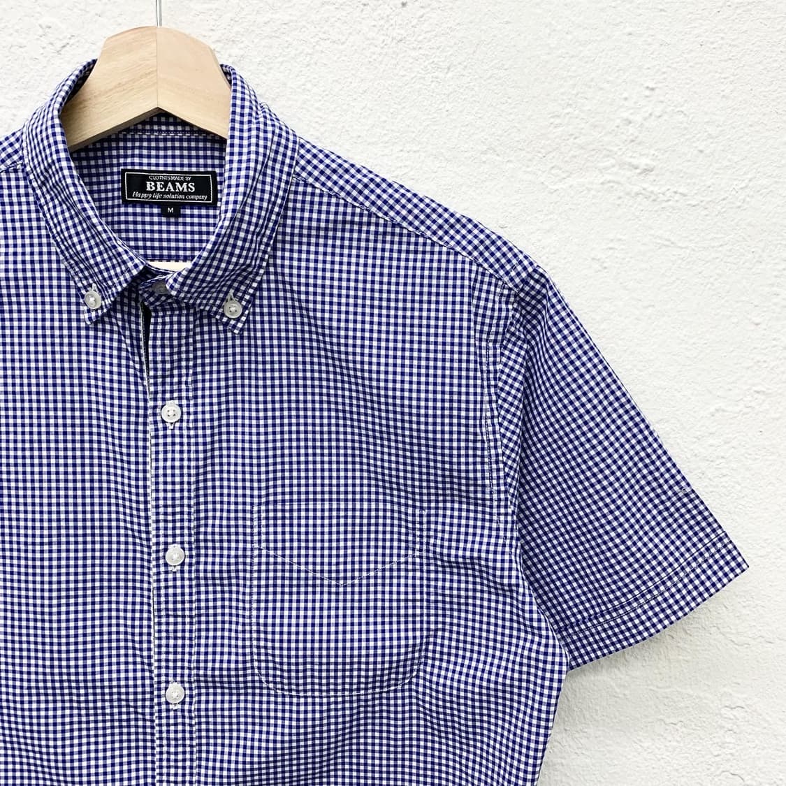 빔즈 블루 체크 삼선 디테일 하프 셔츠  상품이미지3
