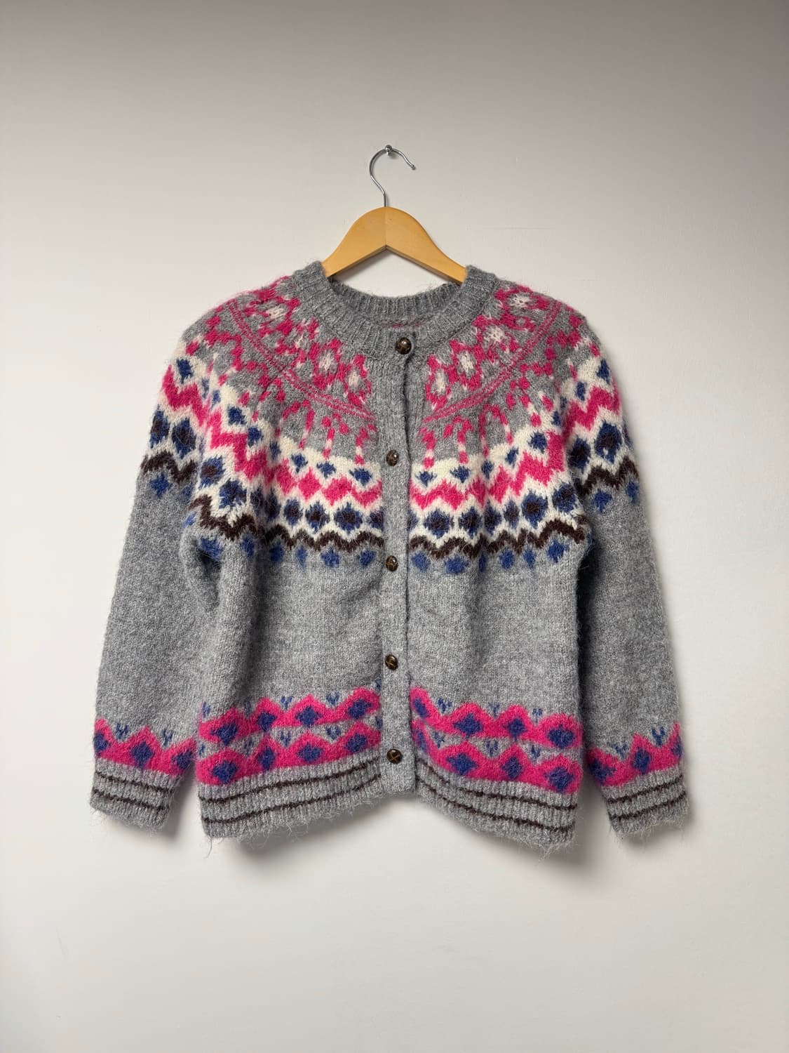 빈티지 그런지 노르딕 패턴 알파카 울 그레이 가디건 M 상품이미지1