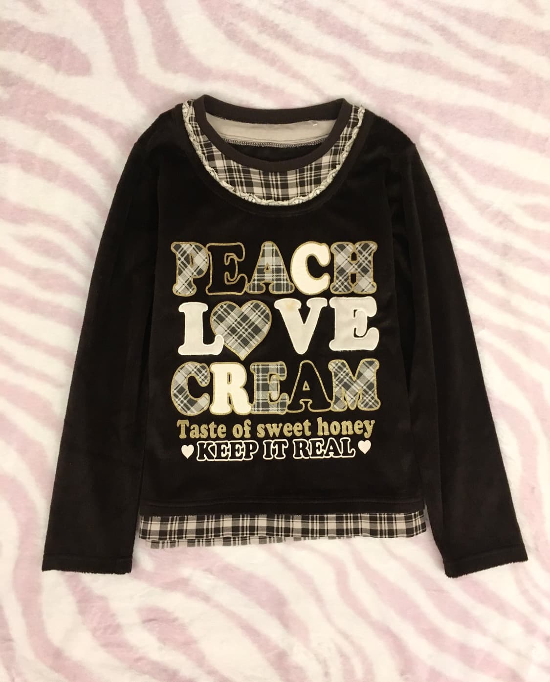 헤이세이 블랙벨벳 그레이체크 레이어드 롱슬리브 탑 티셔츠 갸루 조지후쿠 상품이미지2