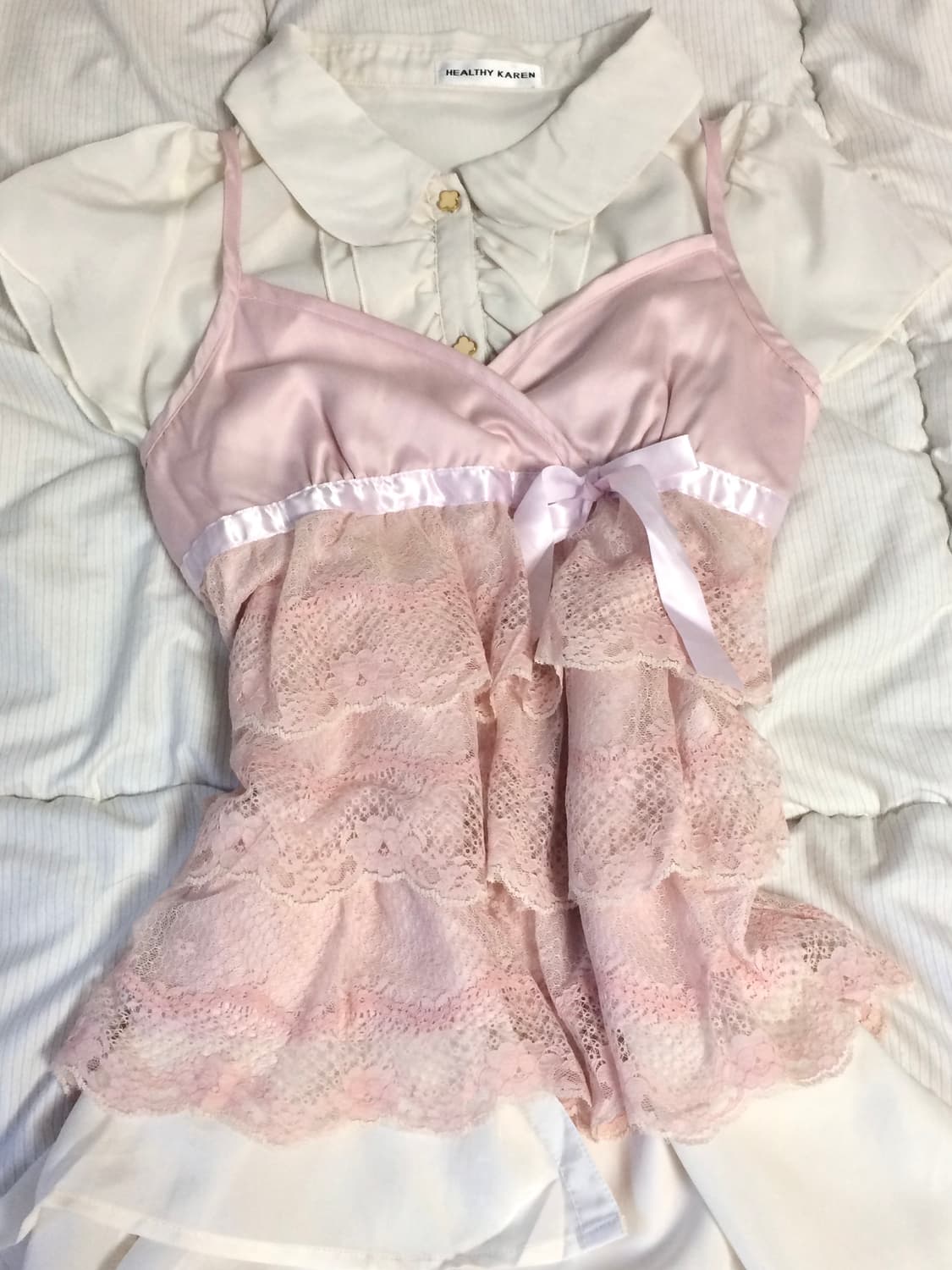 빈티지 히메갸루 코디셋 복숭아 핑크 레이스 리본 슬리브리스 프릴 블라우스 상품이미지1