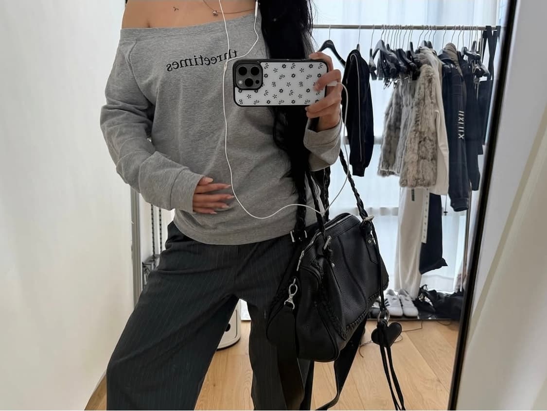 쓰리타임즈 베이직 로고 오프탑 그레이 s 오프숄더 상품이미지2