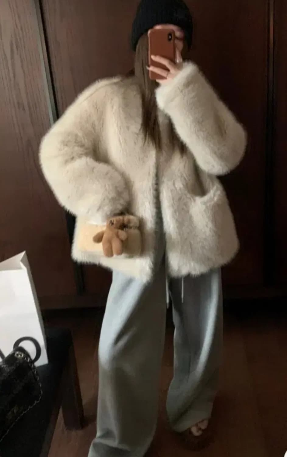 무료배송 여성 베이지 퍼코트 오버핏  새상품급 M 상품이미지1