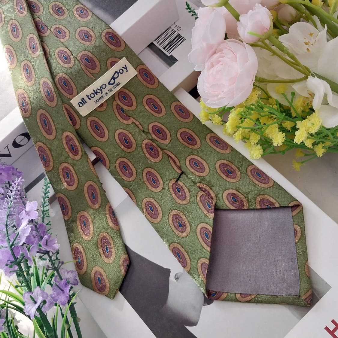 올도쿄보이 실크 그린 플라워 자카드 넥타이 8.7cm A+등급 K1314 상품이미지4