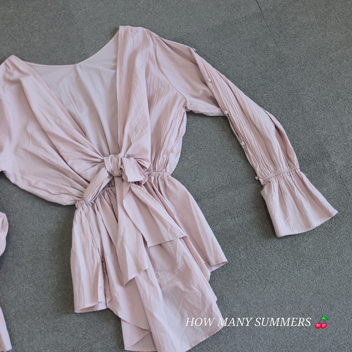 ​면 100% 연핑크 브이넥 리본 벨소매 블라우스 상품이미지10