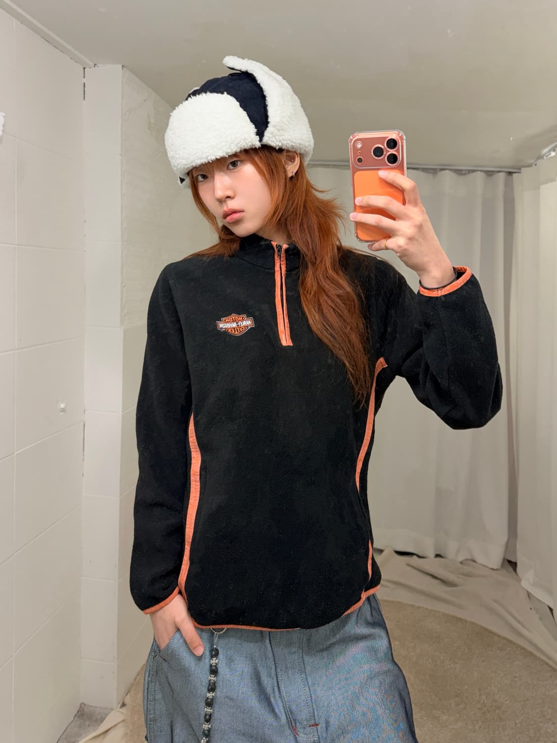 할리데이비슨 오렌지 바인딩 후리스 반집업 상품이미지2