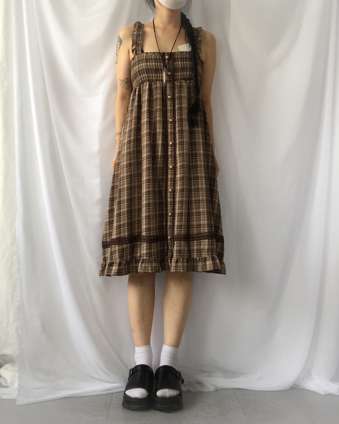 Lace trimming check pattern onepiece 상품이미지1