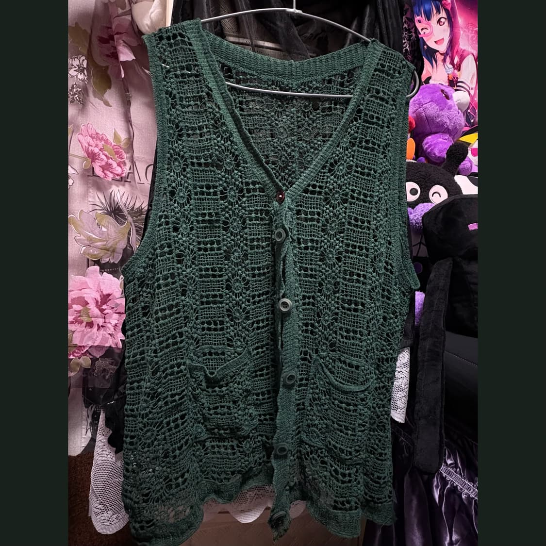 딥그린 크로셰 니트 베스트 조끼 모리걸 히피 일본 빈티지 상품이미지1